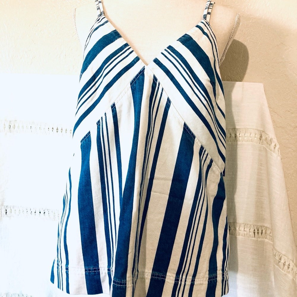 Sleeveless Blue and White Striped V-Neck Tank Top